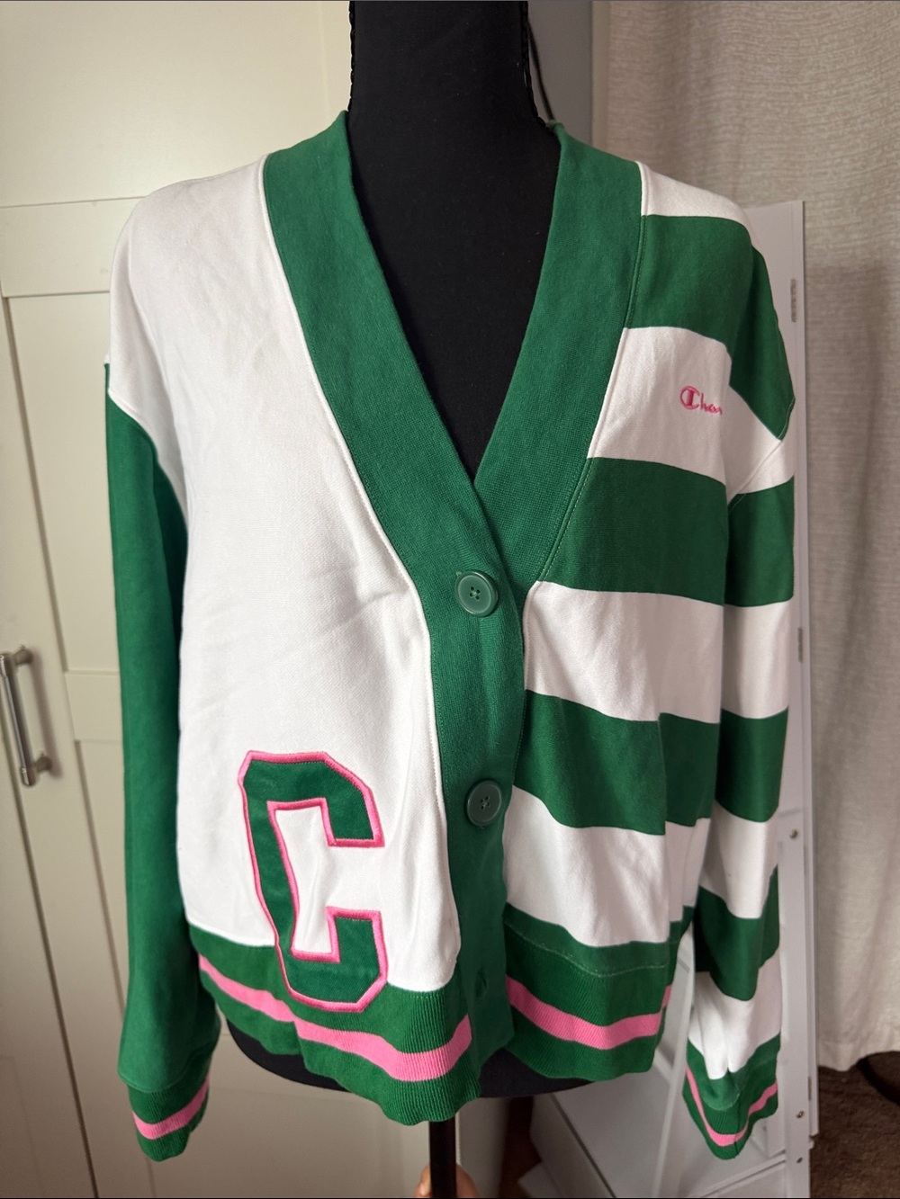 Champion Green, White & Pink Striped Varsity Cardigan